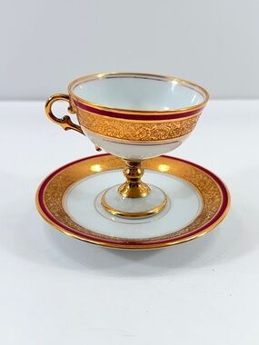 Limoges France Porcelain Footed Tea Coffee Cup & Saucer Gold Red Glitter Vintage